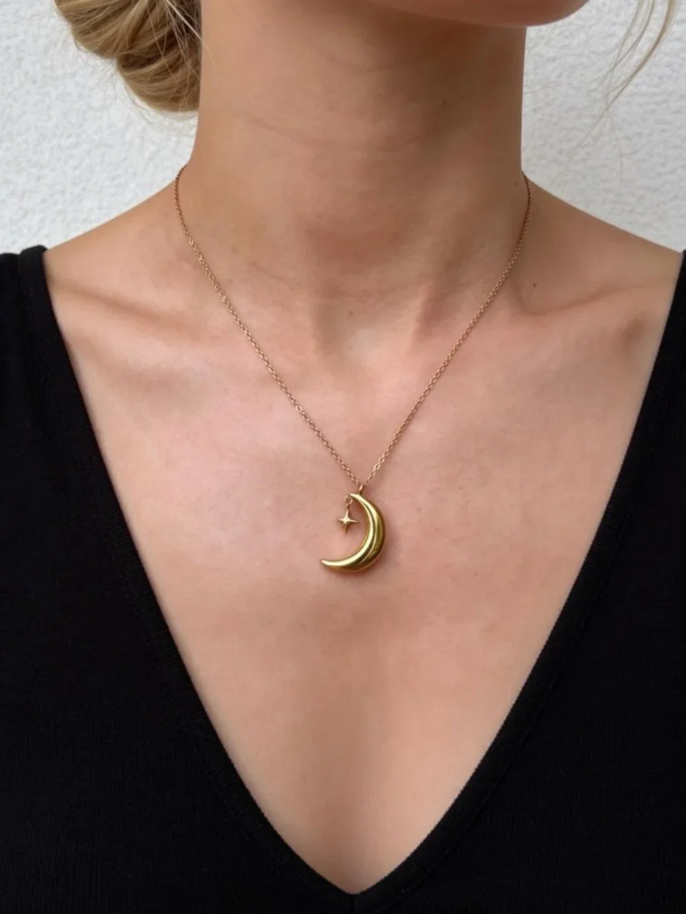 Gold Crescent Moon Star Pendant Stainless Steel - Picture 3 of 13